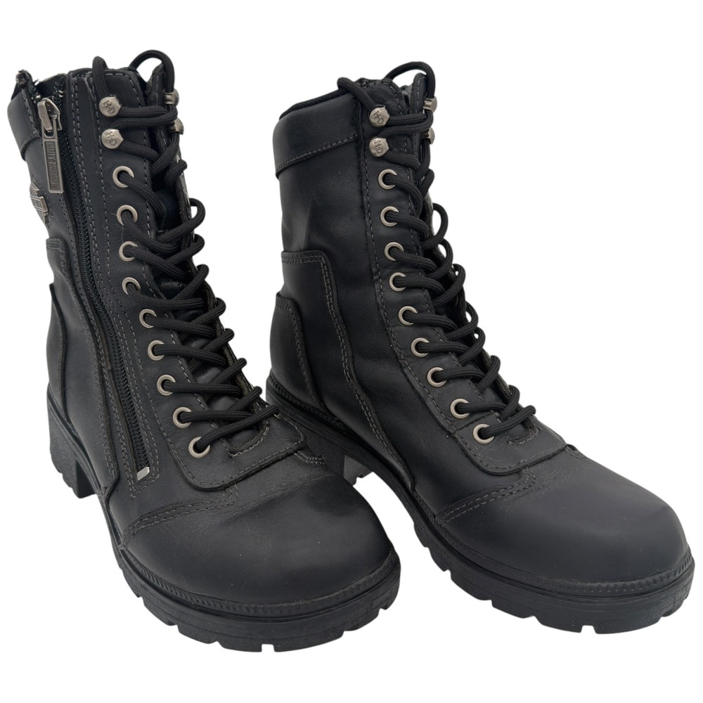 Harley-Davidson Women's Black Leather Moto Boots Size 6 Lace-Up Zip
